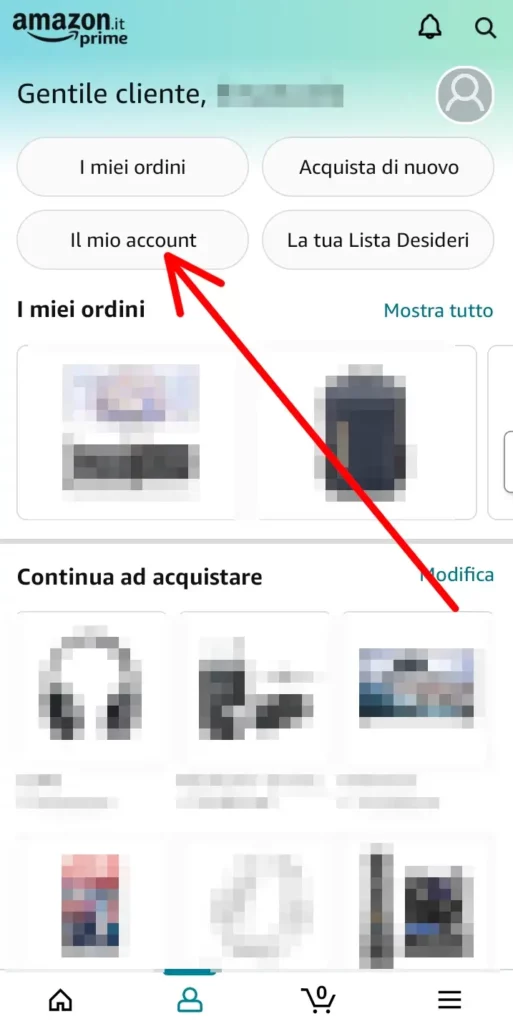 Da app amazon Shopping clicca su il mio account