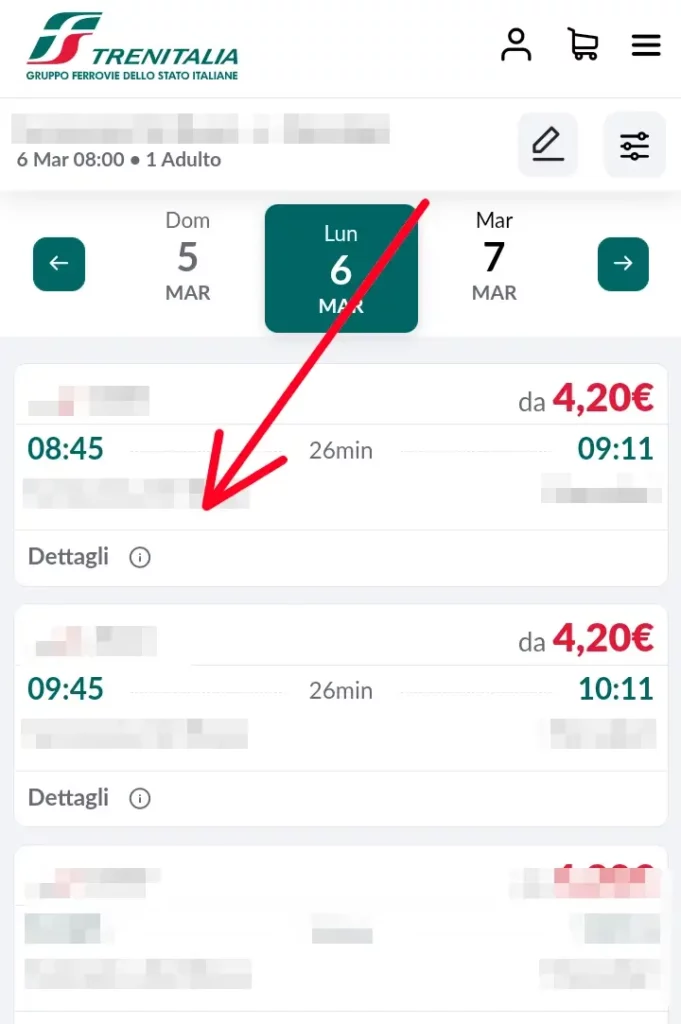 Scegli il treno tra le varie soluzioni proposte cliccandogli sopra
