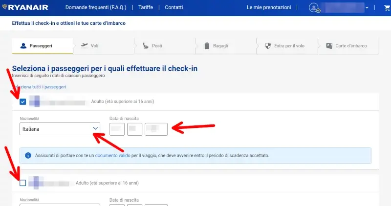 Inserisci i dati dei passeggeri per cui fare il check-in