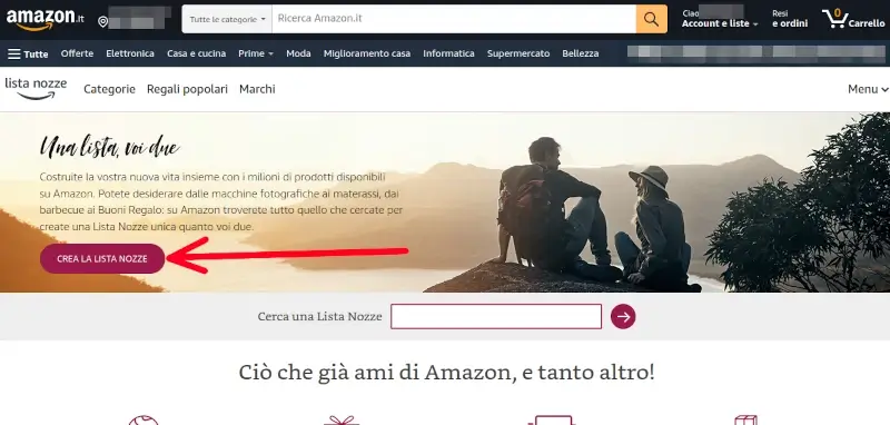 Crea la lista nozze su amazon