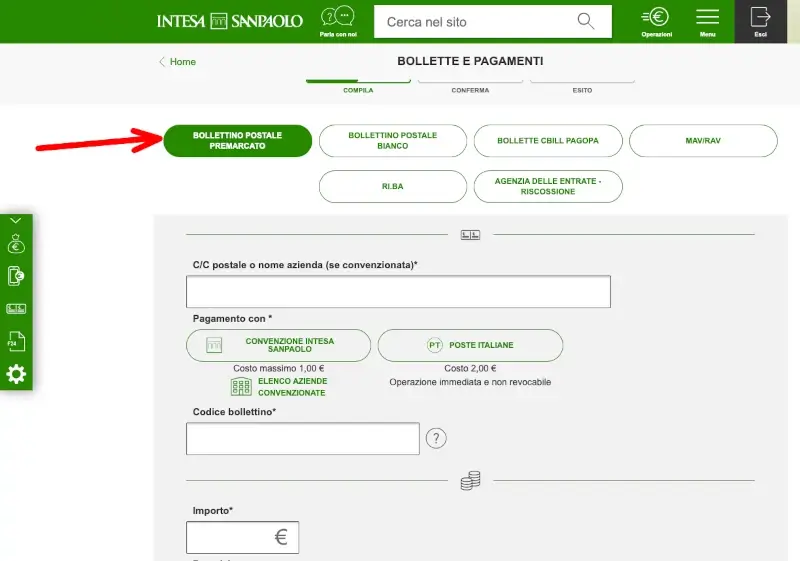 Scegli che tipo di bollettino pagare online con intesa sanpaolo