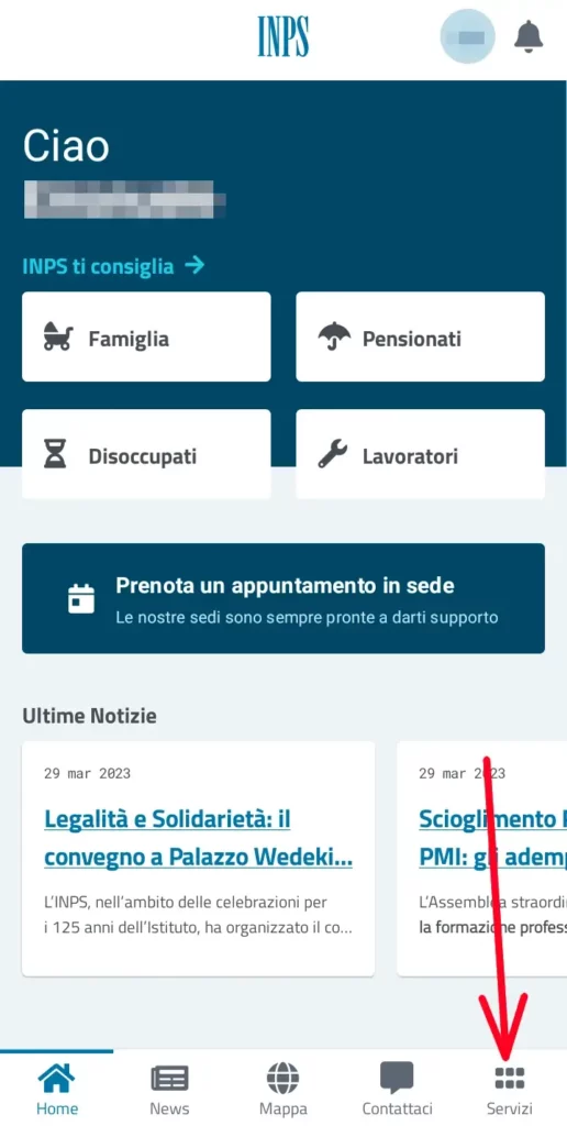 Cerca tra tutti i servizi quello per  verificare i contributi