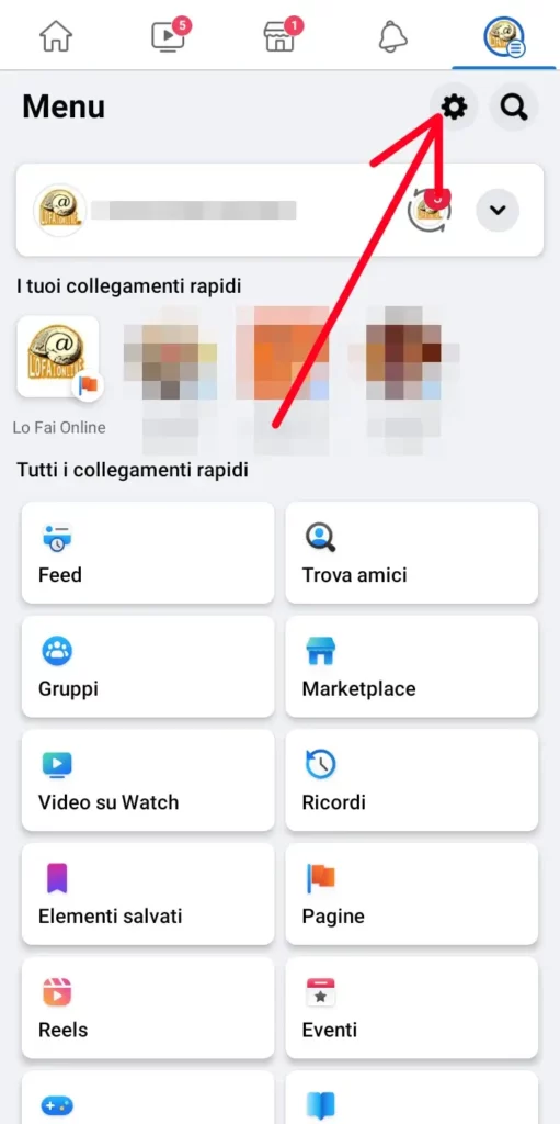 clicca sul ingranaggio per andare alle impostazioni di facebook