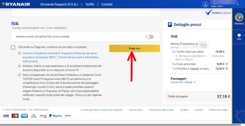 Clicca su paga ora per completare l'acquisto del biglietto Ryanair
