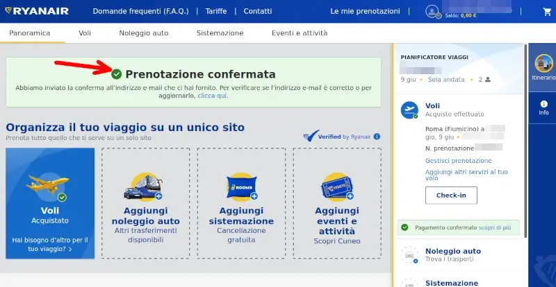 prenotazione del biglietto ryanair online.