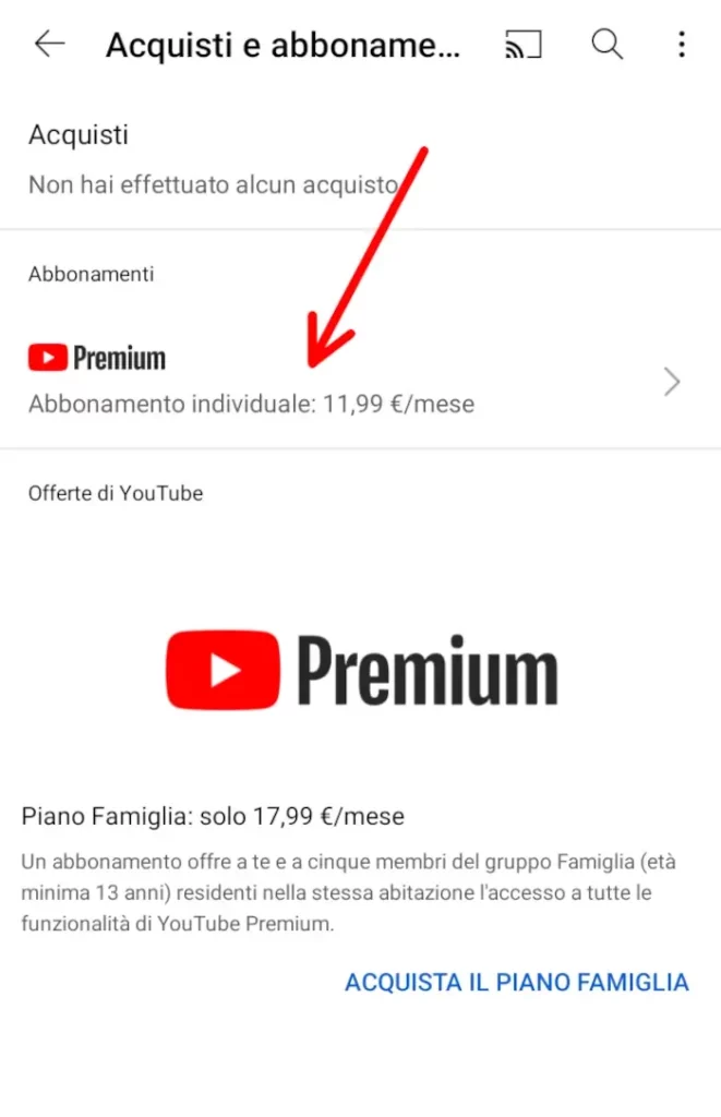 Seleziona il piano di abbonamento a youtube premium