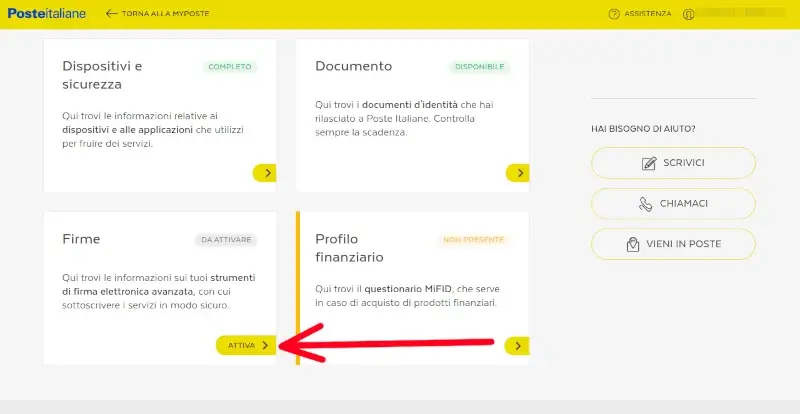 Nella sezione firme del sito delle poste, clicca su attiva.