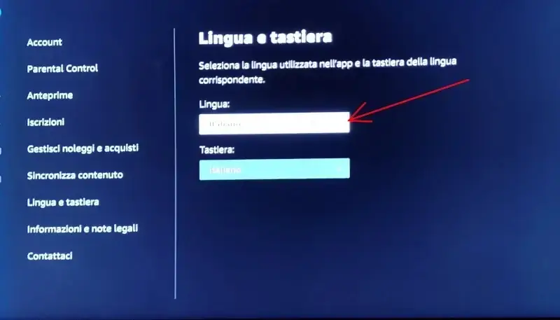 Scegli la lingua dall'elenco per le impostazioni prime video