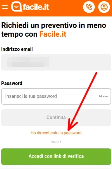 Reimposta la password di facile.it per fare l'accesso e cancellarsi