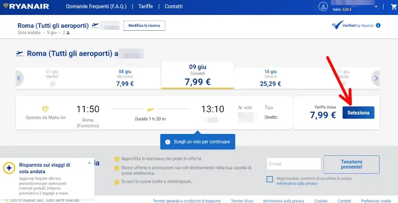 Scegliere la data di partenza tra quelle disponibili anche in base al prezzo