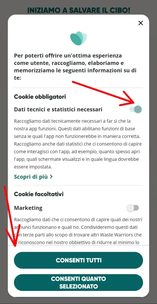 Accetta i termini per iscriverti all'app del cibo invenduto