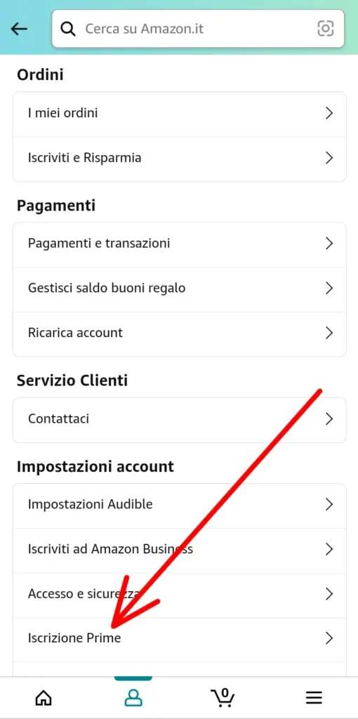 Clicca su iscrizione prime per gestire l'abbonamento dall'app