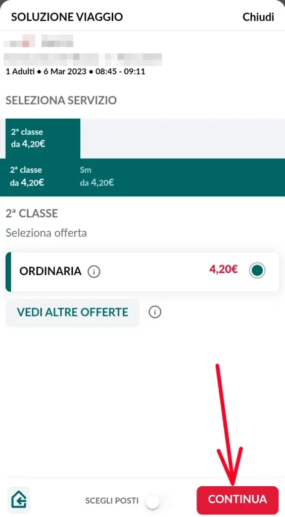 I dettagli del viaggio del treno che stiamo per comprare cliccando su continua