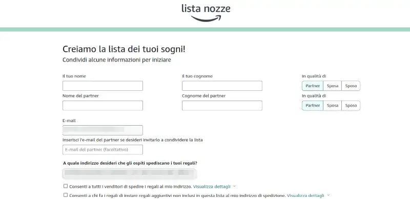 Inserisci i tuoi dati e le impostazioni per la lista