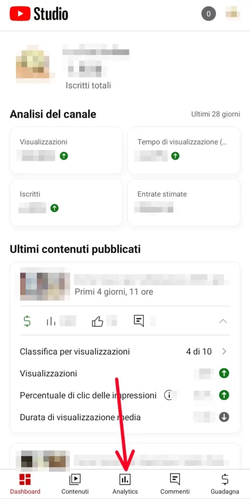 Su youtube studio trovi tutte le statistiche su iscritti, views entrate e altro