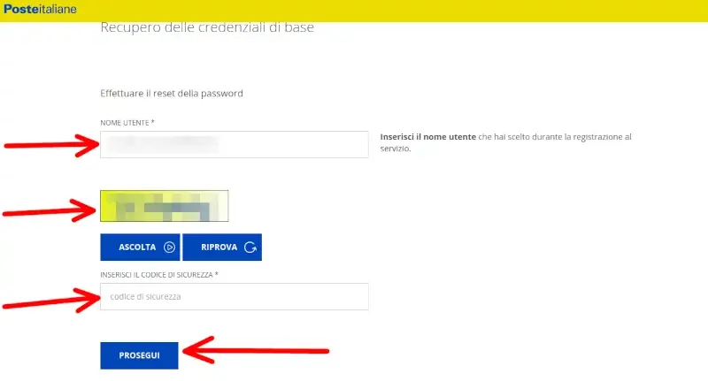 Inserire il nome utente posteid e proseguire per recuperare le credenziali