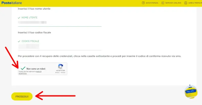 Dimostra di non essere un robot e clicca prosegui per recuperare le credenziali
