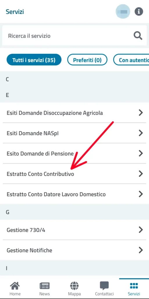 Clicca su estratto conto contributivo per verificare se sono stati versati