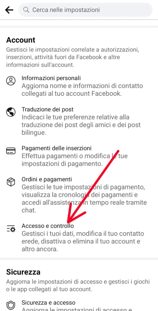 Accesso e controllo per disattivare o eliminare l'account