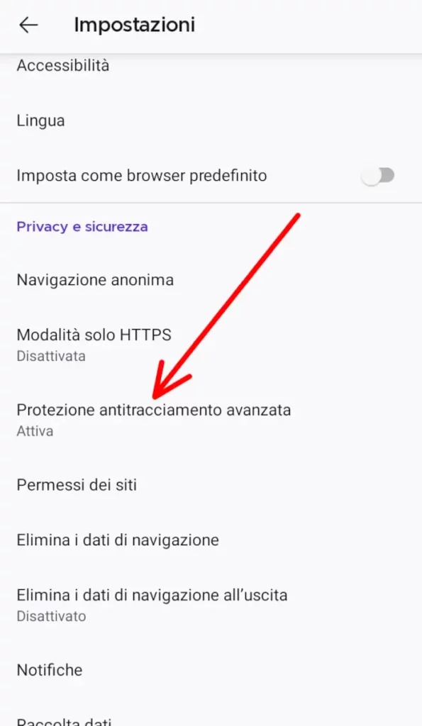 Seleziona protezione antitracciamento avanzata firefox