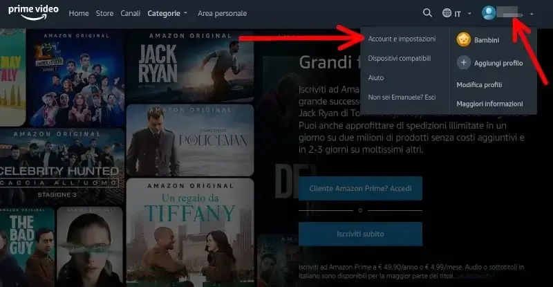 Vai sul sito prime video da computer, poi immagine profilo e account e impostazioni