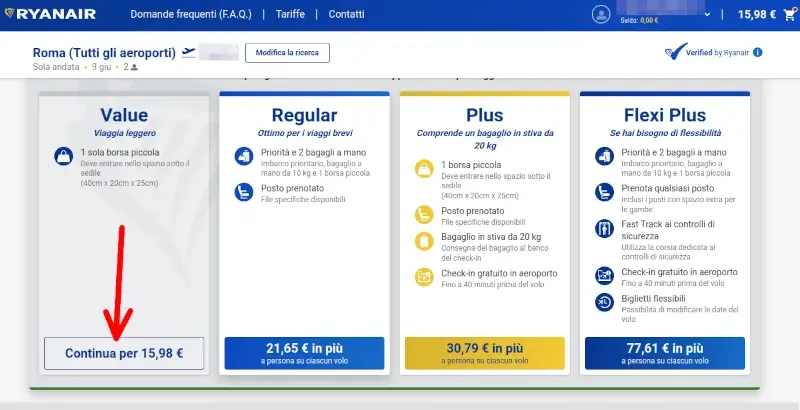 Seleziona la tariffa per il tuo biglietto Ryanair