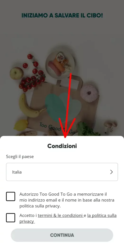 accetta le condizione di too good to go, app per comprare cibo