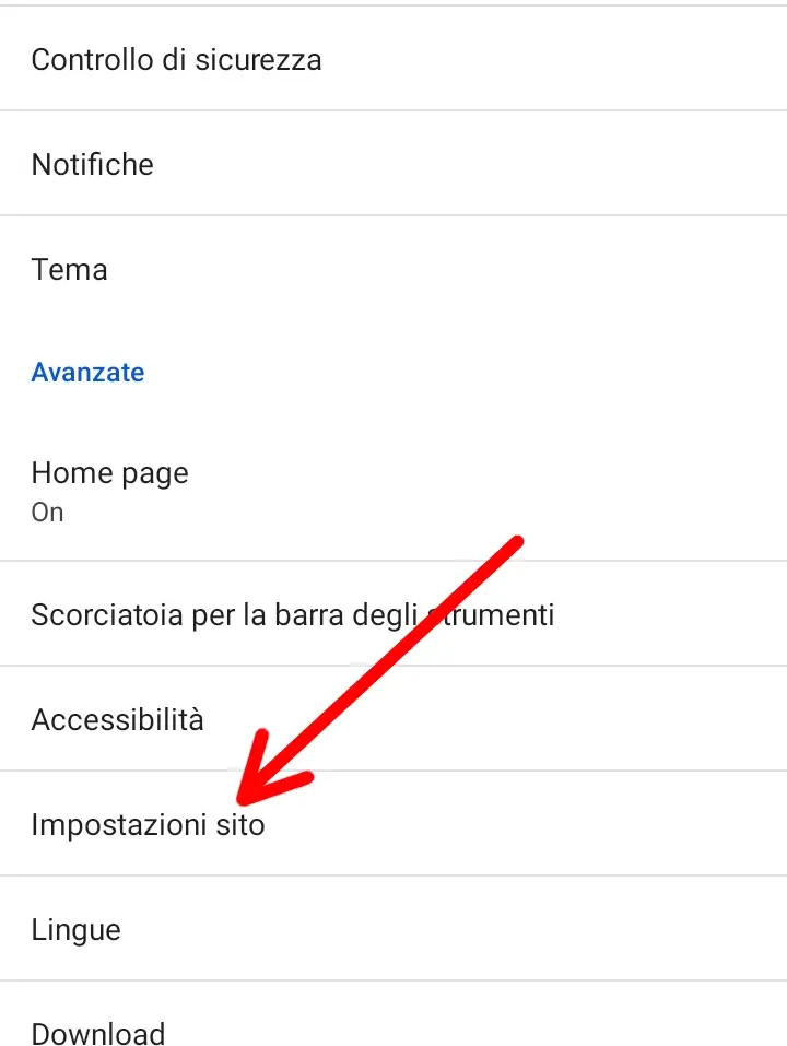 Clicca su impostazioni sito per eliminare o disattivare i cookie