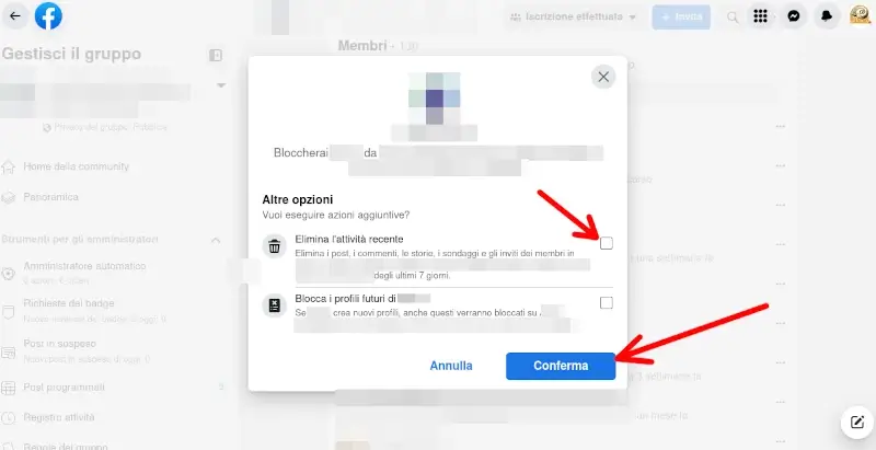 Blocca ed elimina i contenuti pubblicati dal profilo sul gruppo