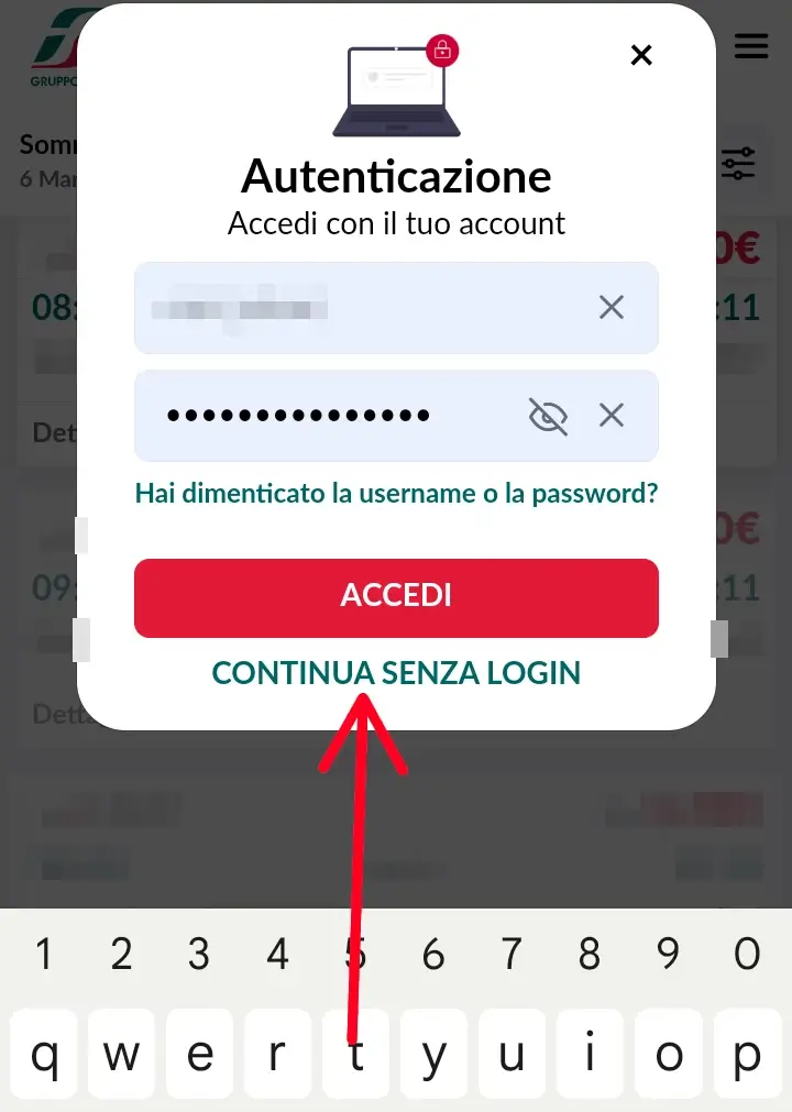 Effettua il login a trenitalia o continua senza login