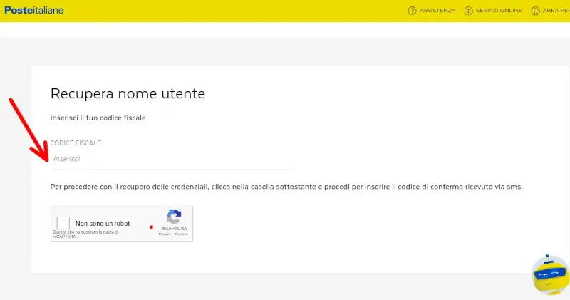 Inserire il codice fiscale della persona di cui recuperare il nome utente