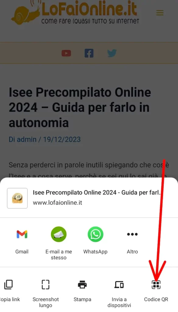 Condividi la pagina per generare un Qr code dal telefono