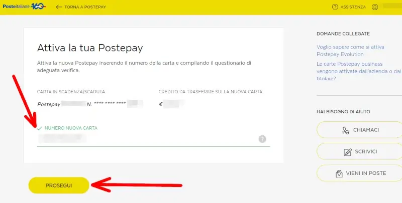 Inserisci il numero della nuova carta postepay