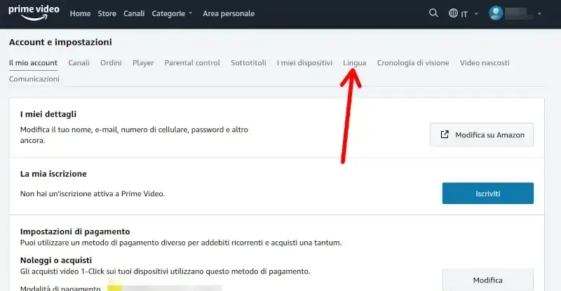 Cliccare su lingua per andare a cambiare le impostazioni di prime video