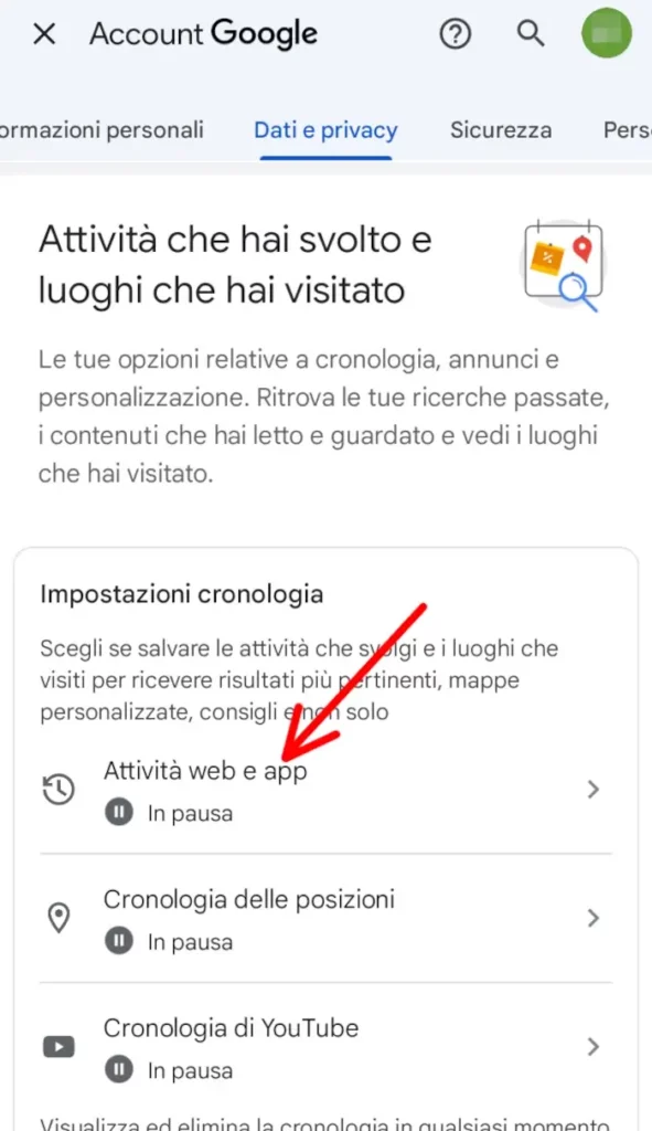 Cancella la cronologia dell'attività web dell'account google