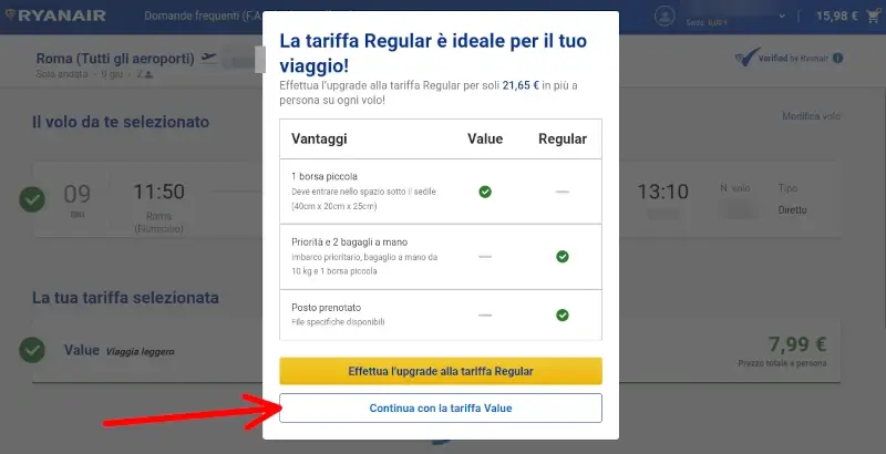 Con la tariffa value puoi portare solo una borsa piccola