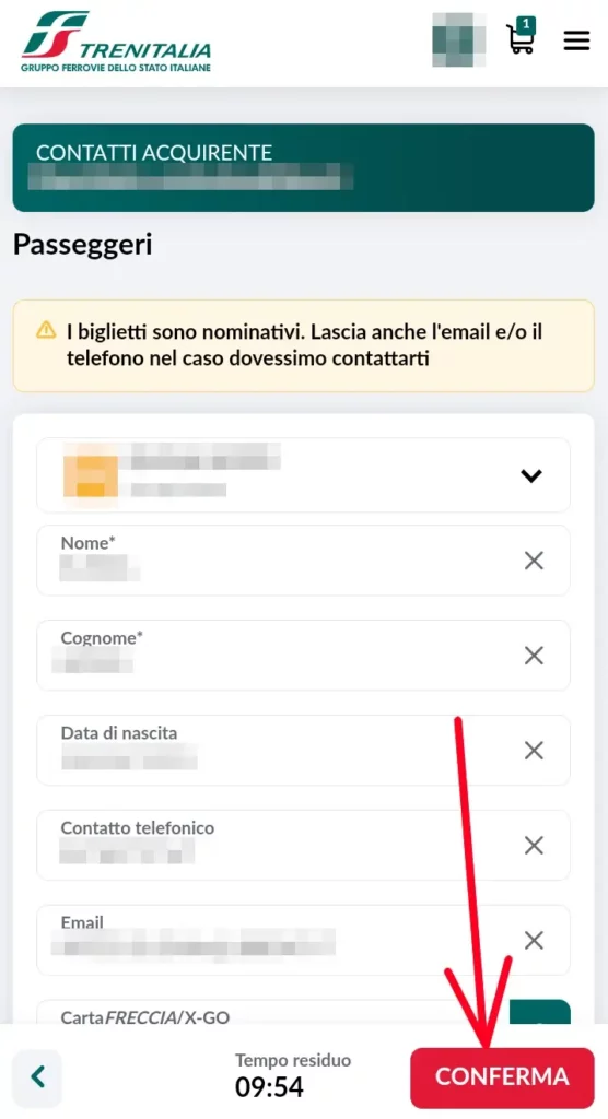 Inserisci i dati del passeggero che utilizzerà il biglietto del treno