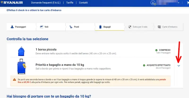 Puoi aggiungere bagagli durante il check-in