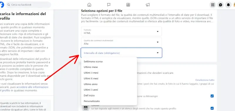 Scegli l'intervallo di date dei dati da scaricare da facebook