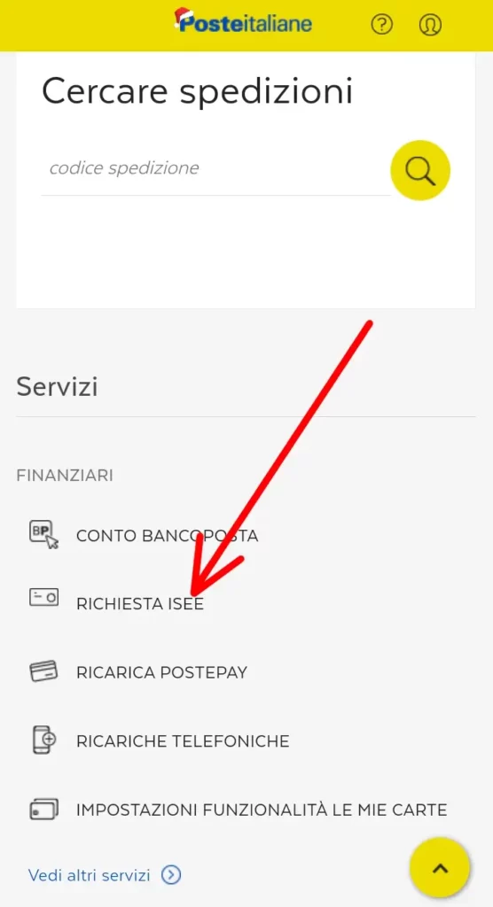 Clicca su richiesta isee per scaricare il documento di poste italiane