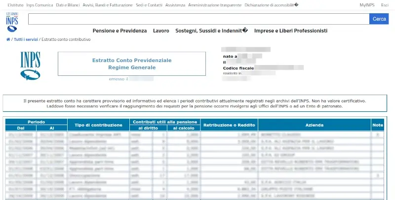 Elenco dei contributi lavorativi versati