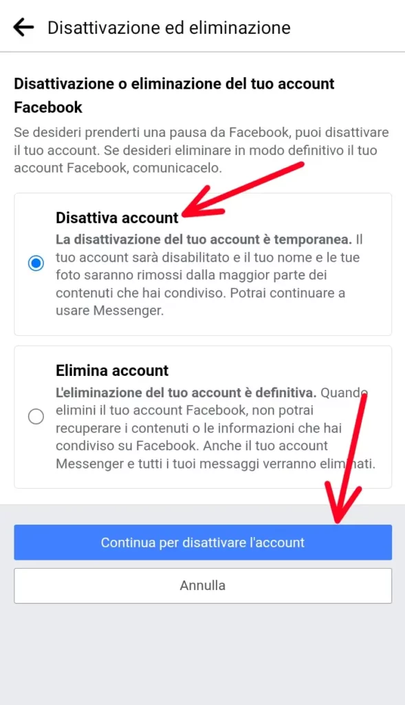 Disattiva o elimina l'account Facebook dal telefono