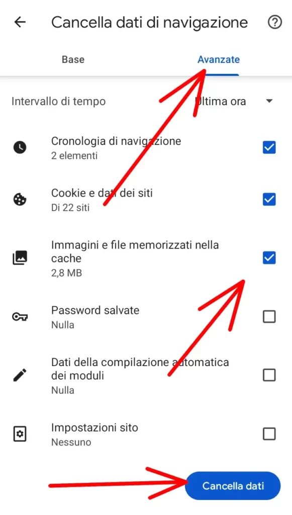 Puoi scegliere cosa cancellare, immagin e file nella cache, impostazioni, dati etc