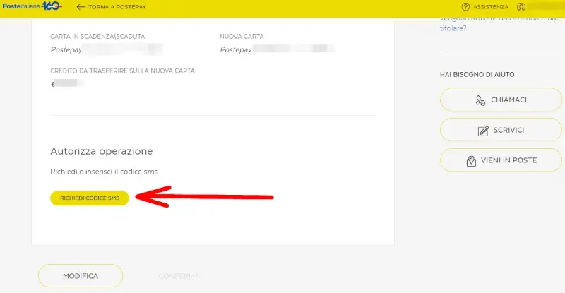 Richiedi codice di sicurezza sms per attivazione postepay