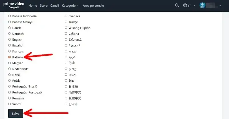 Seleziona la lingua per le impostazioni e poi clicca su salva.