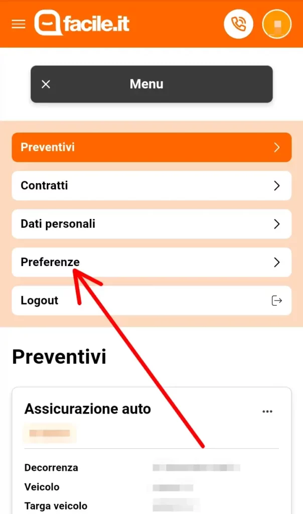 Vai sulle preferenze per cancellarsi da facile.it