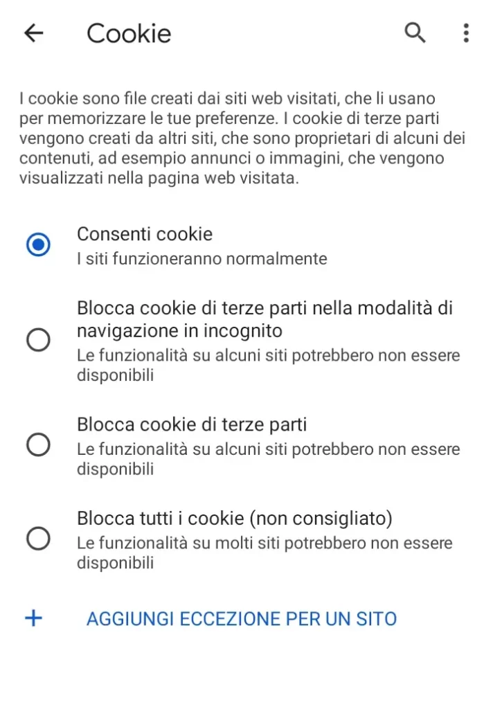 Consenti o blocca i cookie tecnici, di terze parti o tutti i cookie