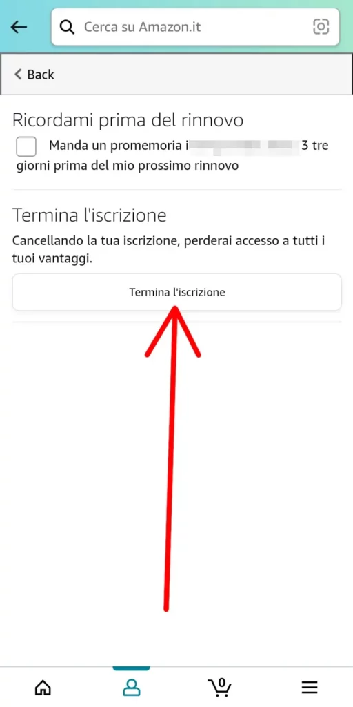 Termina l'iscrizione tramite app amazon shopping