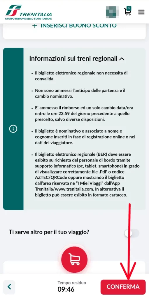 Aggiungere servizi al viaggio in treno e poi clicca su conferma