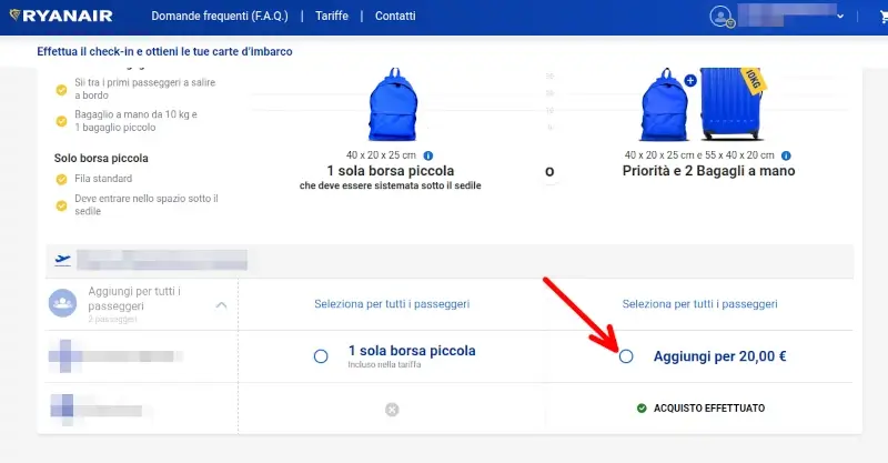 Seleziona se vuoi aggiungere bagagli al tuo volo ryanair